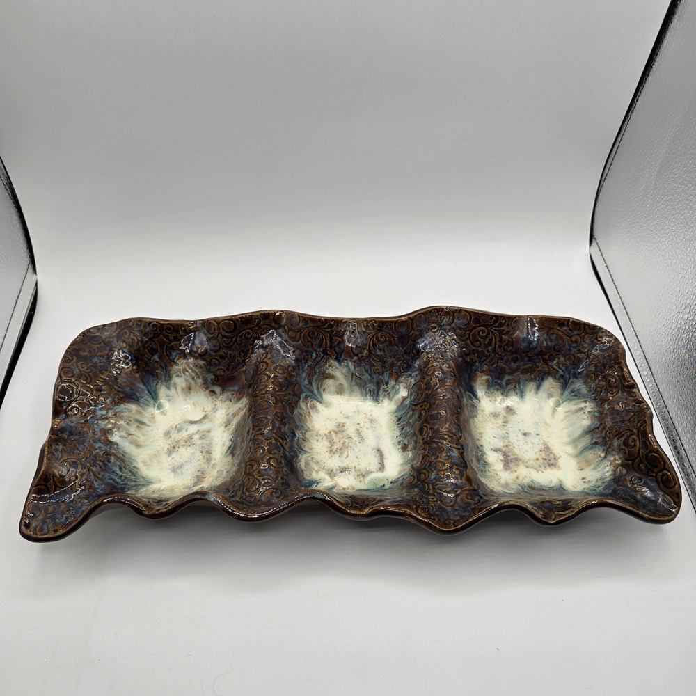 Art Pottery Brown‎ Clay Drip Glazed Divided Dish Rectangular Vessels Pottery Vtg